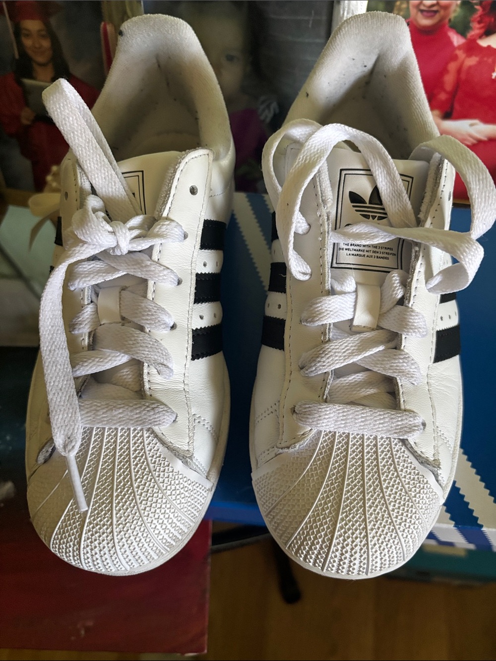 adidas Kids White Sneakers with Black Stripes and Shell Toe